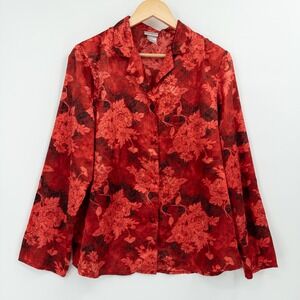 Dark Romantic Red Floral Satin Top Womens L Petite Whimsigoth Gothic